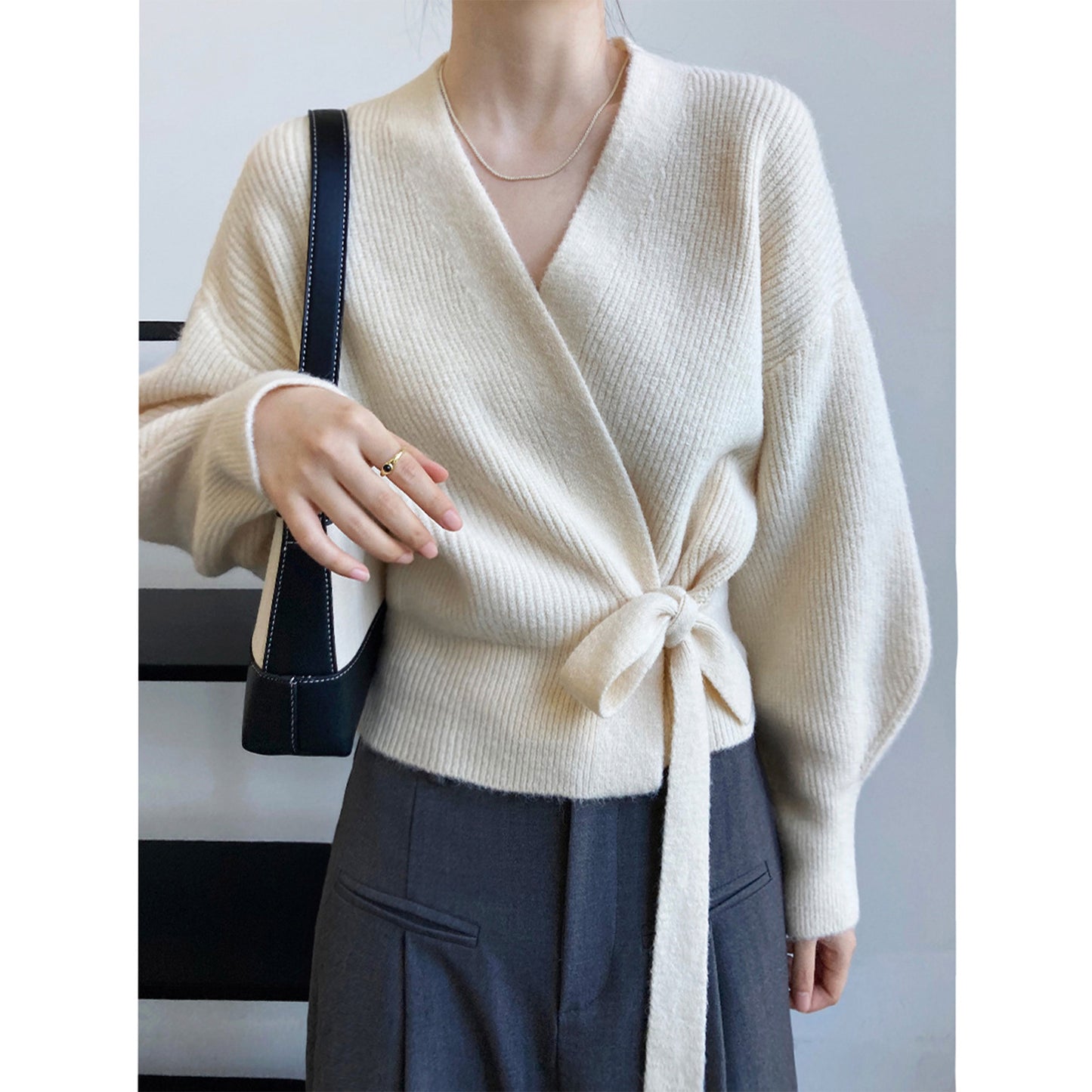French Retro Knitted Cardigan - Top V-neck Tie Loose Women Sweater Coat, Handmade Spring Clothing, Womens Clothing