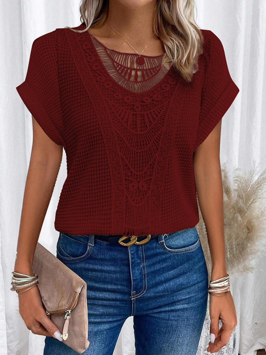 Summer Hollow Out Short-sleeved T-shirt - Women Clothing
