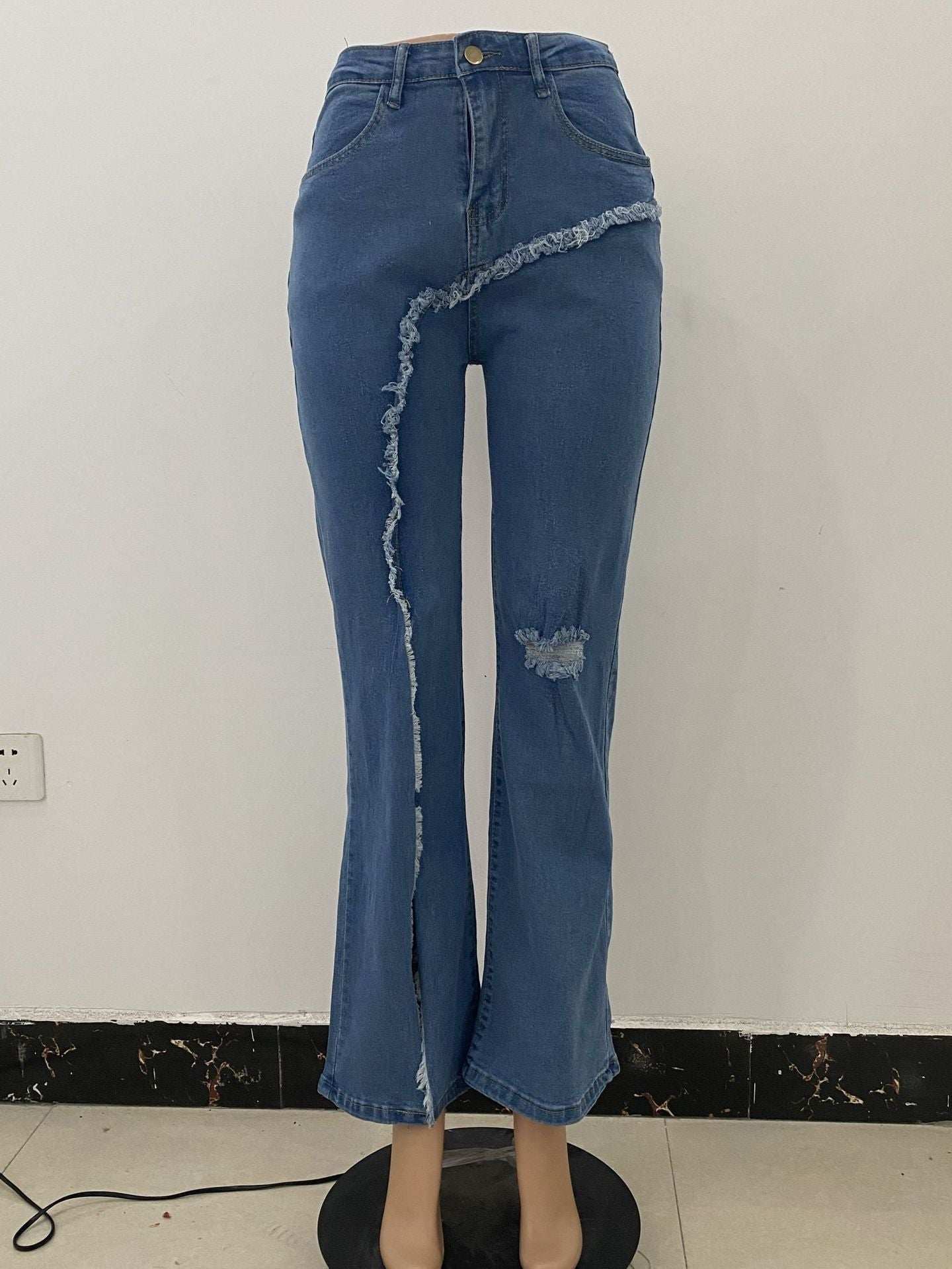 New Style Elastic Ripped Flared Pants Jeans