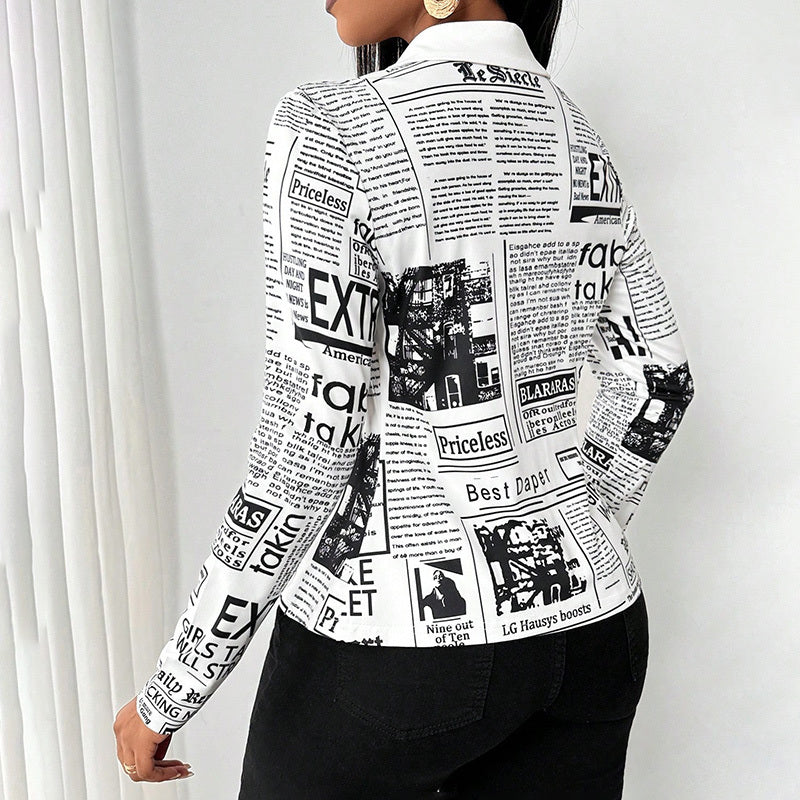 Newspaper Print Long Sleeve Casual Shirt - Spring&Fall Slim Fit Printed Blouse With Single Button Placket