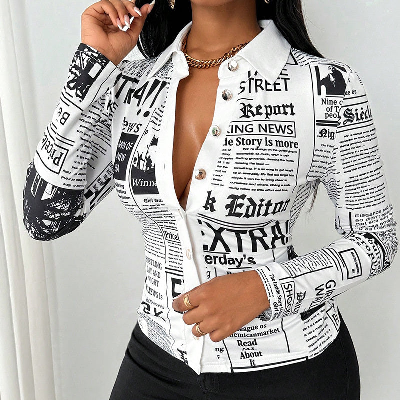 Newspaper Print Long Sleeve Casual Shirt - Spring&Fall Slim Fit Printed Blouse With Single Button Placket