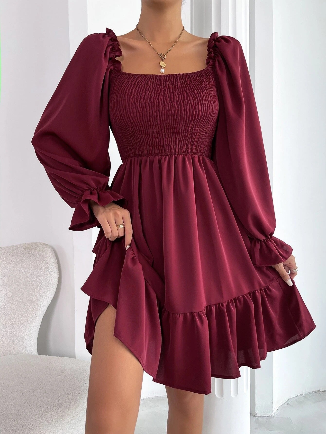 Flared Long Sleeve Dresses - Women Square Neck Ruffled Swing Dress