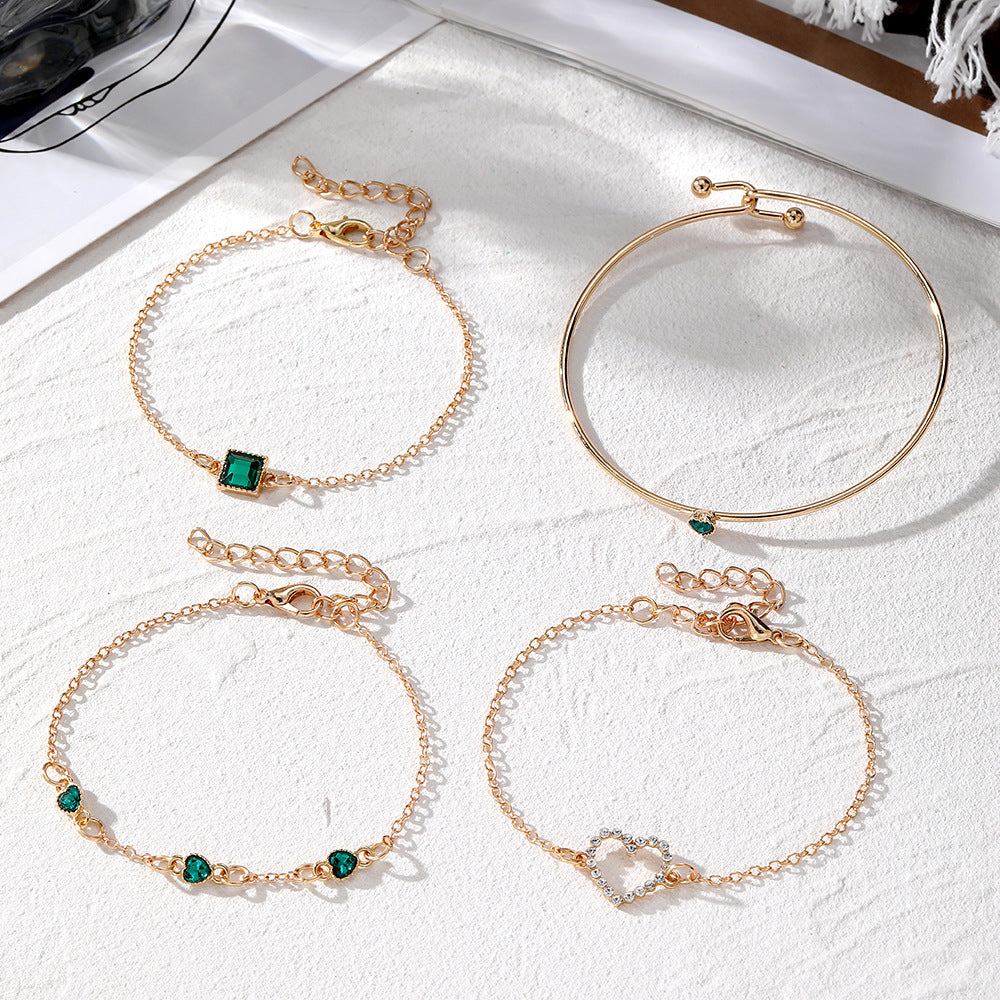 Fashion Vintage Inlaid Lvzuan Square Bracelet – Retro Geometric Heart Design (4PCS Set)