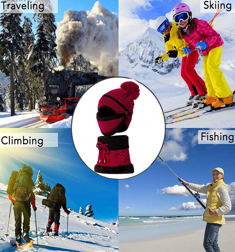 Winter Women 3pcs Knitted Beanie Hat - Scarf Set Warm Hat