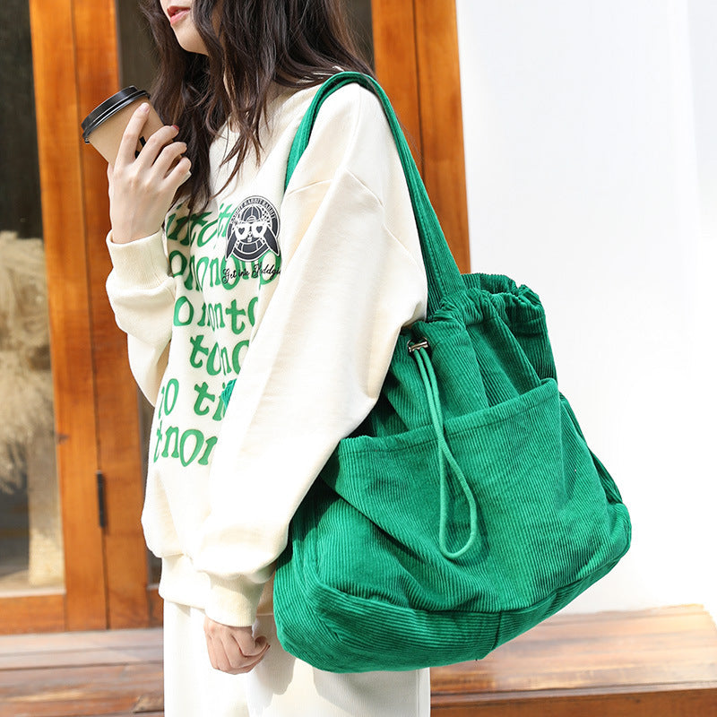 Corduroy Shoulder Bags - Drawstring Multi-pocket Handbag Women Underarm Bags