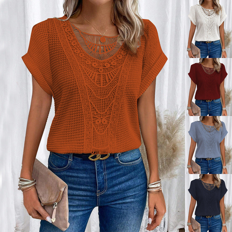 Summer Hollow Out Short-sleeved T-shirt - Women Clothing