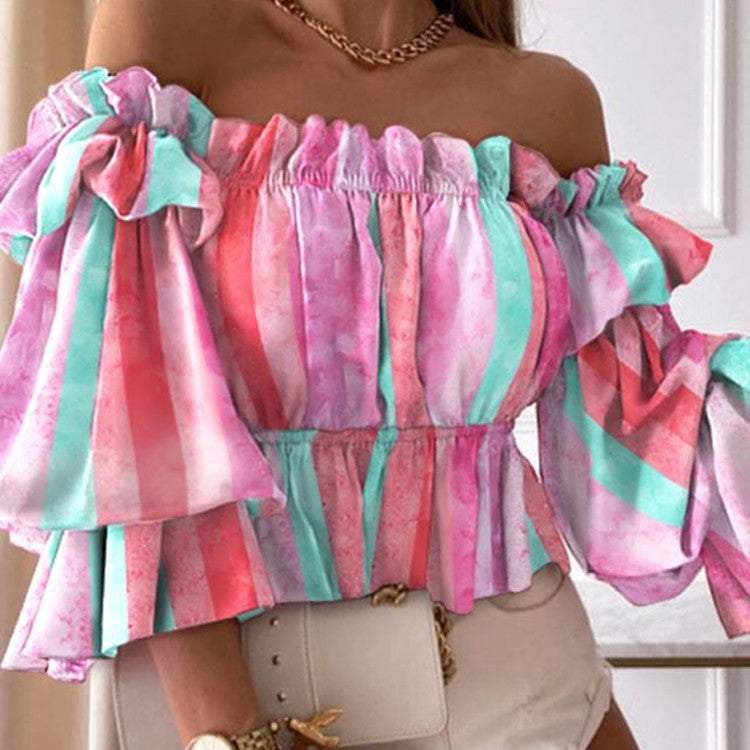 Sexy Off Shoulders Gathers Mid Sleeve Blouse