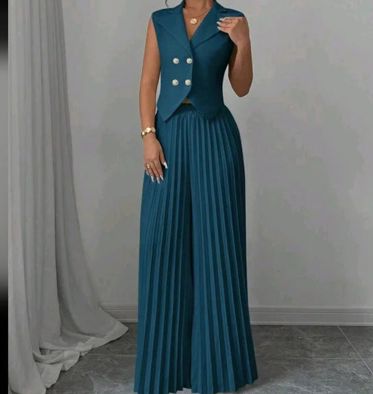 Summer Sleeveless Suit - Fashion Lapel Button Vest Top And Pleated Straight Pants Women's Trousers Set Clothing
