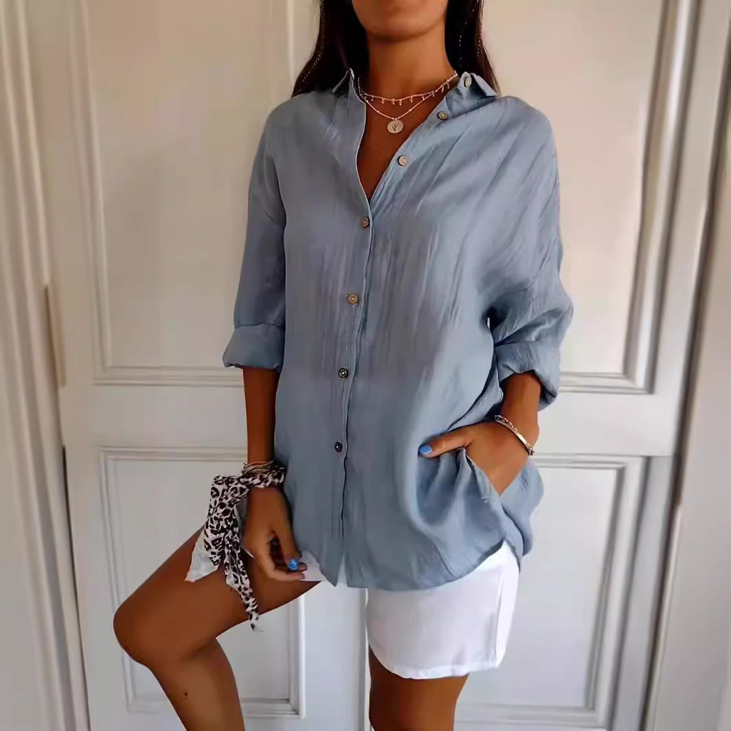 Lapel Long Sleeve Shirt - Women's Single-breasted Pleated Shirt