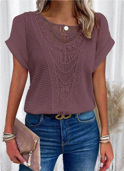 Summer Hollow Out Short-sleeved T-shirt - Women Clothing