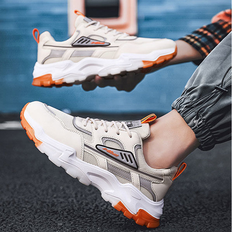 Black White Lace-up Sneakers - Men Outdoor Breathable Casual Mesh Shoes, Lightweight Running Sports Shoes
