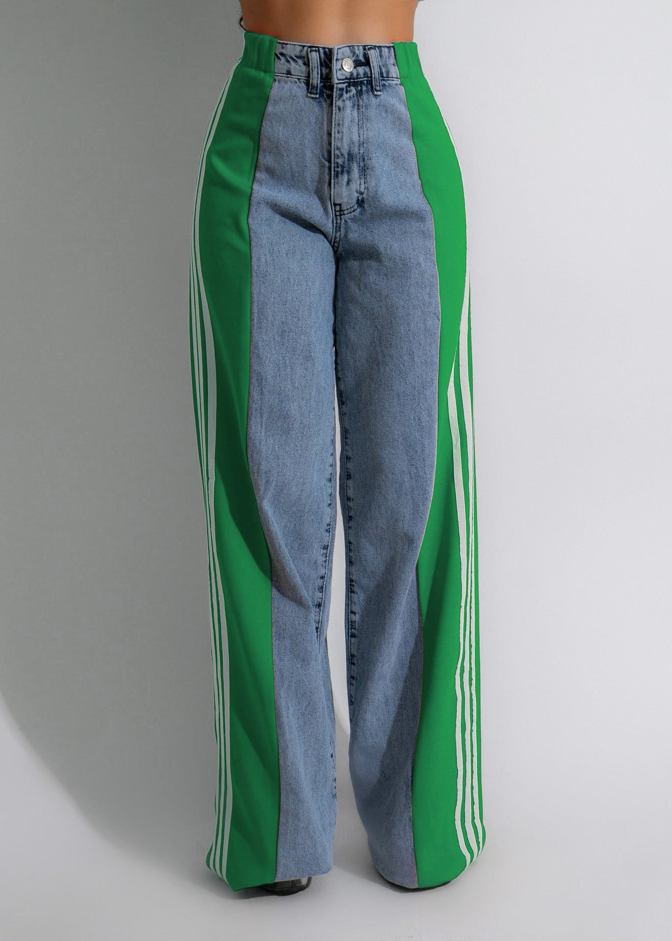 Stylish High Waist Elastic Baggy Pant -  Three Stripe Patchwork Denim Wide Leg Pants Streetwear