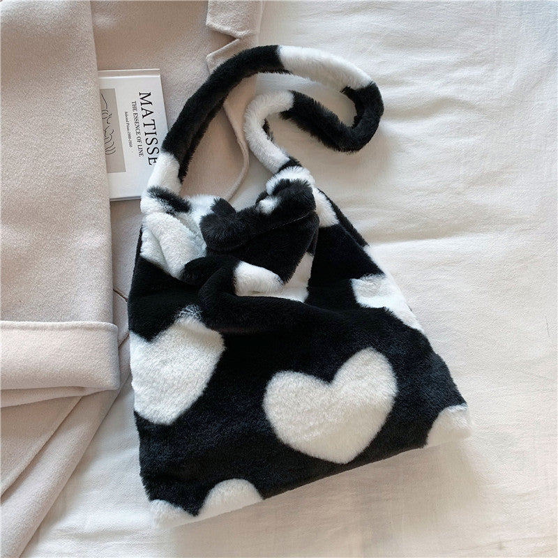 Love Heart Shoulder Bags - Winter Plush Shopping Bags For Women