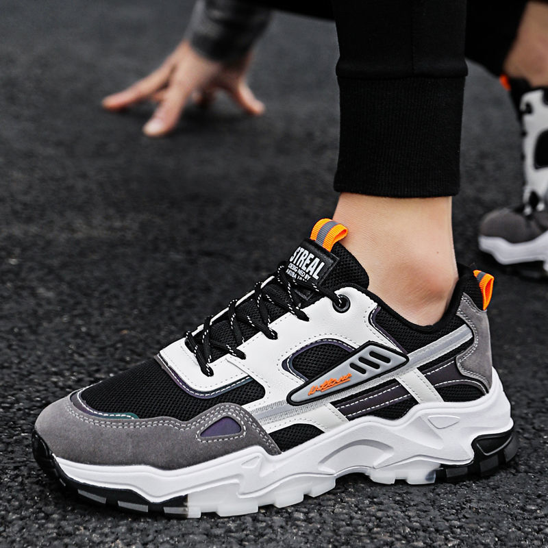 Black White Lace-up Sneakers - Men Outdoor Breathable Casual Mesh Shoes, Lightweight Running Sports Shoes