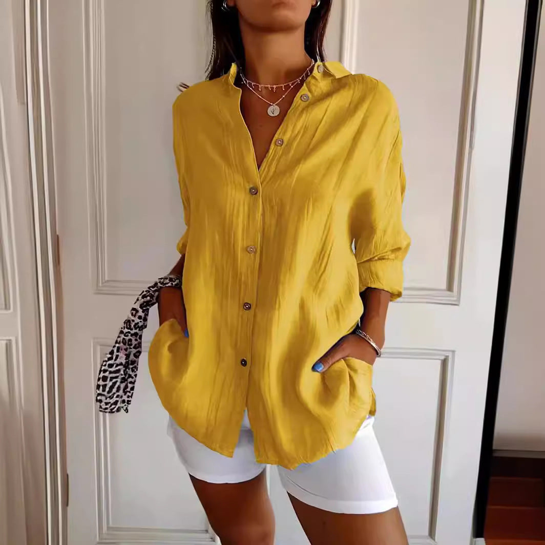 Lapel Long Sleeve Shirt - Women's Single-breasted Pleated Shirt