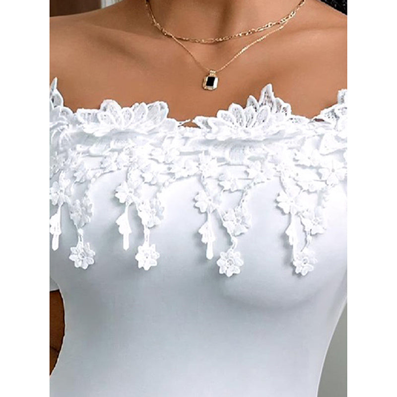Sexy Lace design Body Suit - Women's Off Shoulder Short Sleeve Bodysuit Sexy Lace Bodycon Top