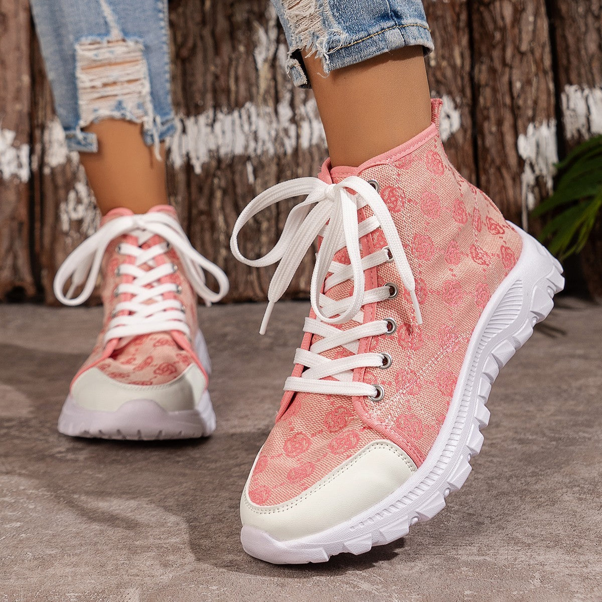 Rose-printed Lace-up Boots For Women