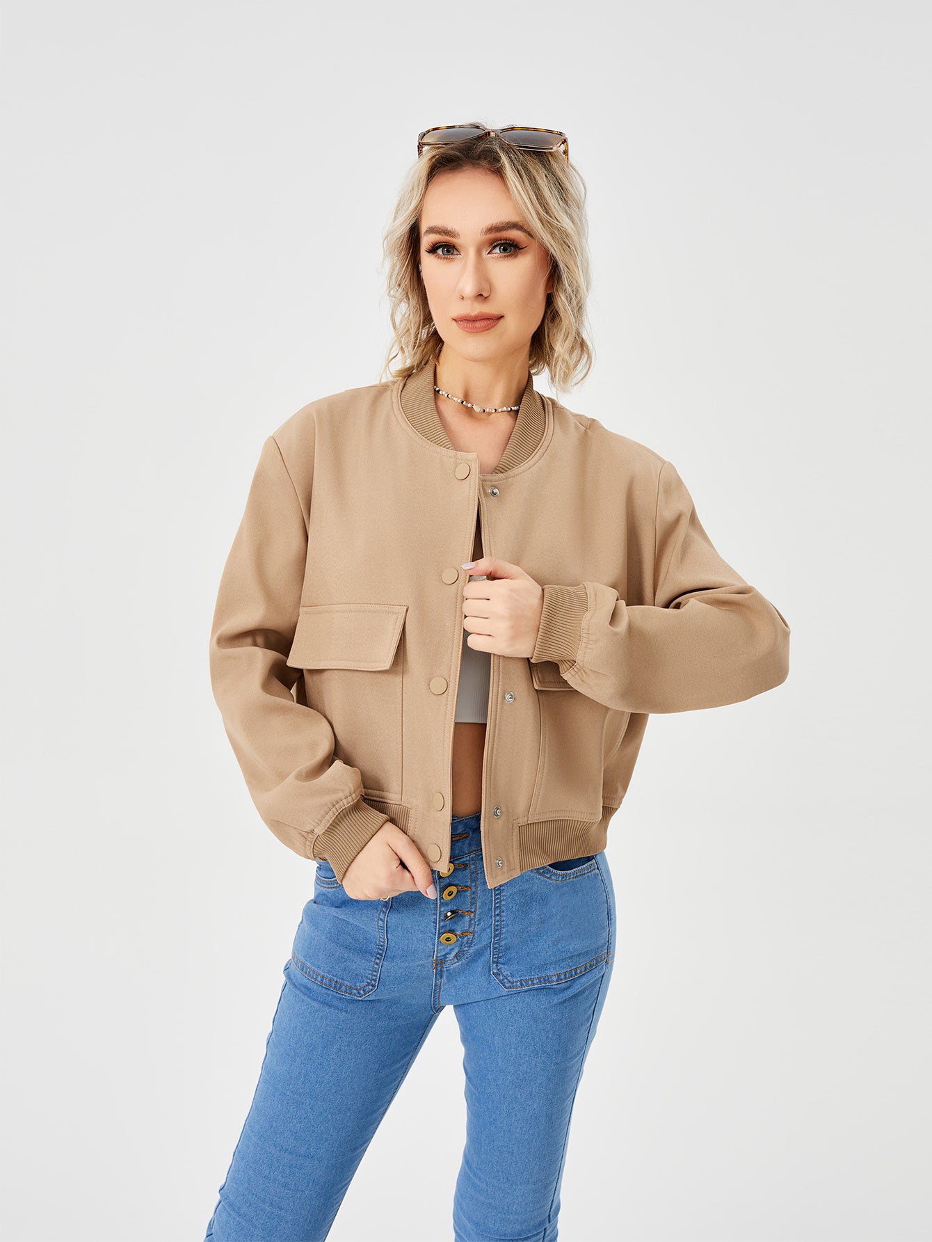 Lightweight Cropped Bomber Jacket - Casual Long Sleeve Varsity Jacket With Pocket Fashion Y2k Jacket Streetwear
