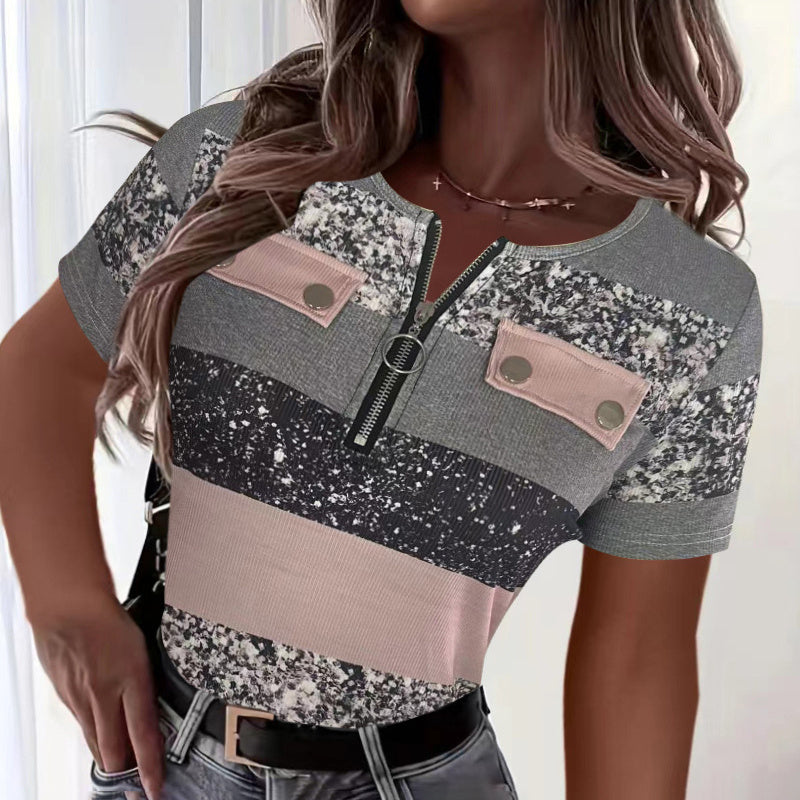 Women's Color Block Zipper T-Shirt - Casual Short Sleeve Summer Top Asymmetric solid Color Casual T shirt With Zipper