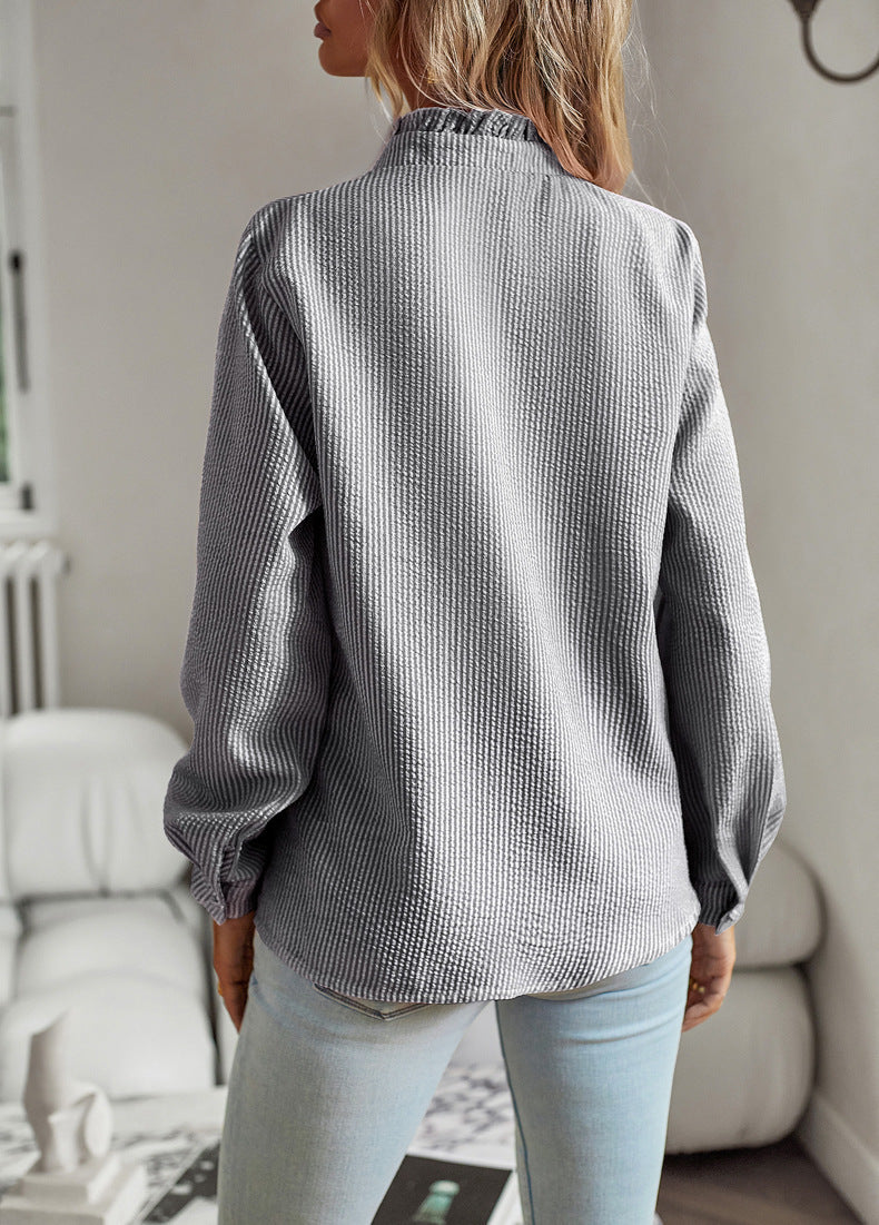 Striped Long Sleeve Shirt - Fashion Ruffle Design Button Up Tops Casual Office Blouse Elegant Commuting Women's Clothing