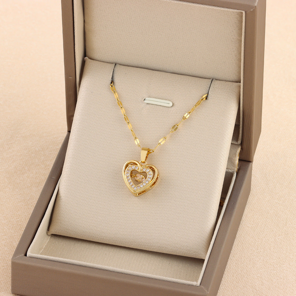 Double-layer Love Necklace With Rhinestones Titanium Steel Pendant Fashion Jewelry Woman Valentines Day Gift - JumoShop