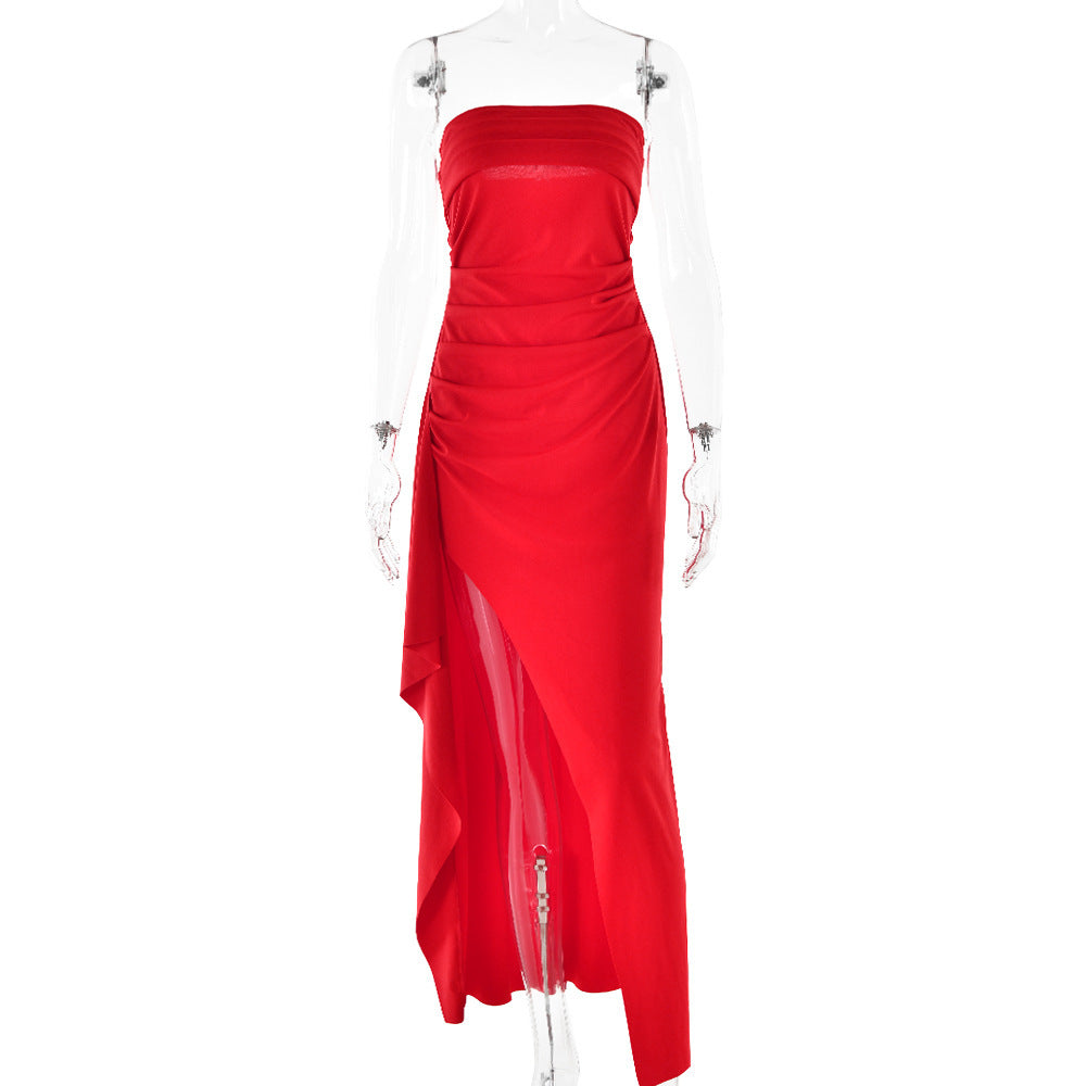 Strapless Split Long Dress – Summer Pleated Bridesmaid & Party Dress for Women
